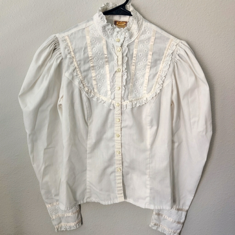 Vintage Jessica's Gunnies 70s White Long Sleeve High Collar Blouse Top Size 11